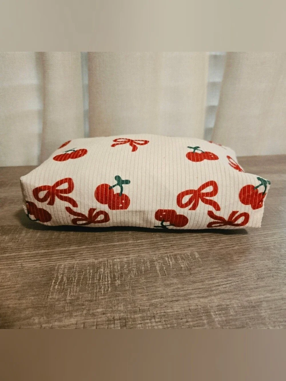 2 Pcs Cherry & Bow Corduroy Makeup Bag  Cream Cosmetic Pouch NWOT